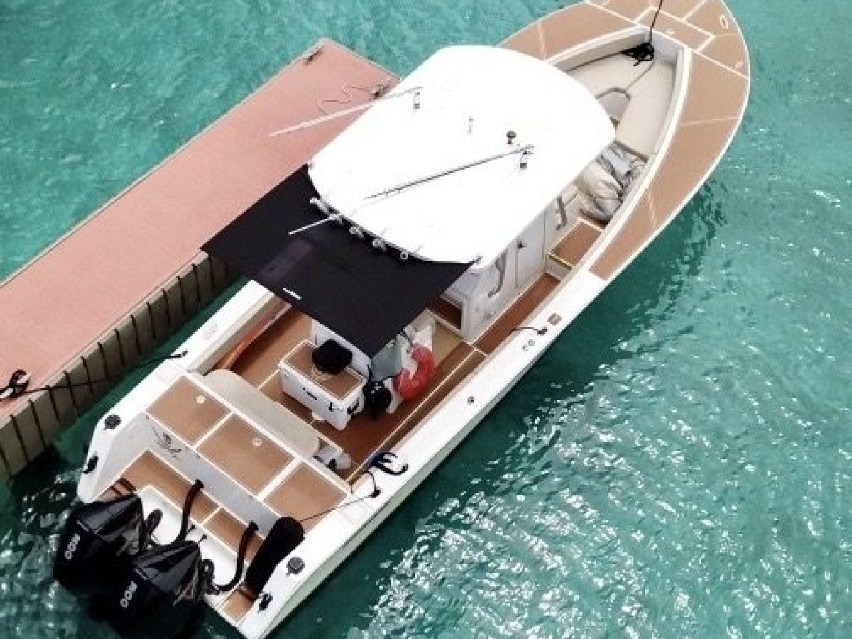Top view of a motorboat docked on clear turquoise water.